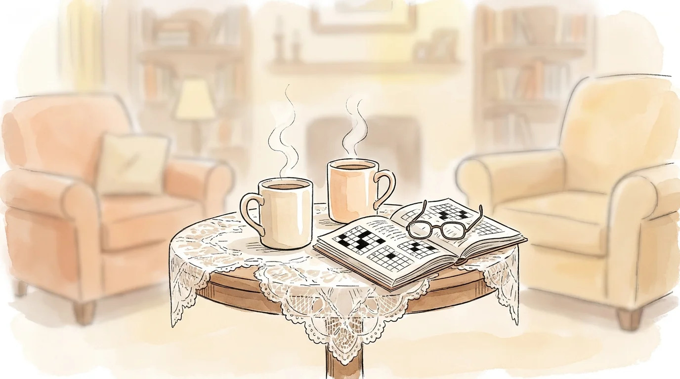 Watercolor illustration of two steaming tea mugs and a crossword puzzle on a lace-covered table.