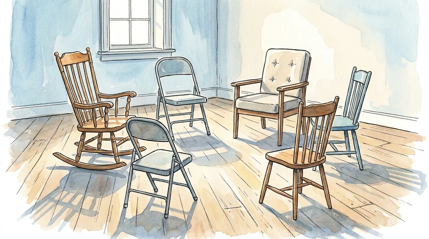 Watercolor of a circle of different chairs in a sunlit room, symbolizing a support group.