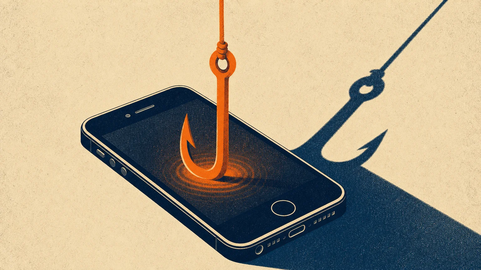 A bold, minimalist screenprint illustration of a smartphone with a glowing orange fishing hook emerging from its screen.