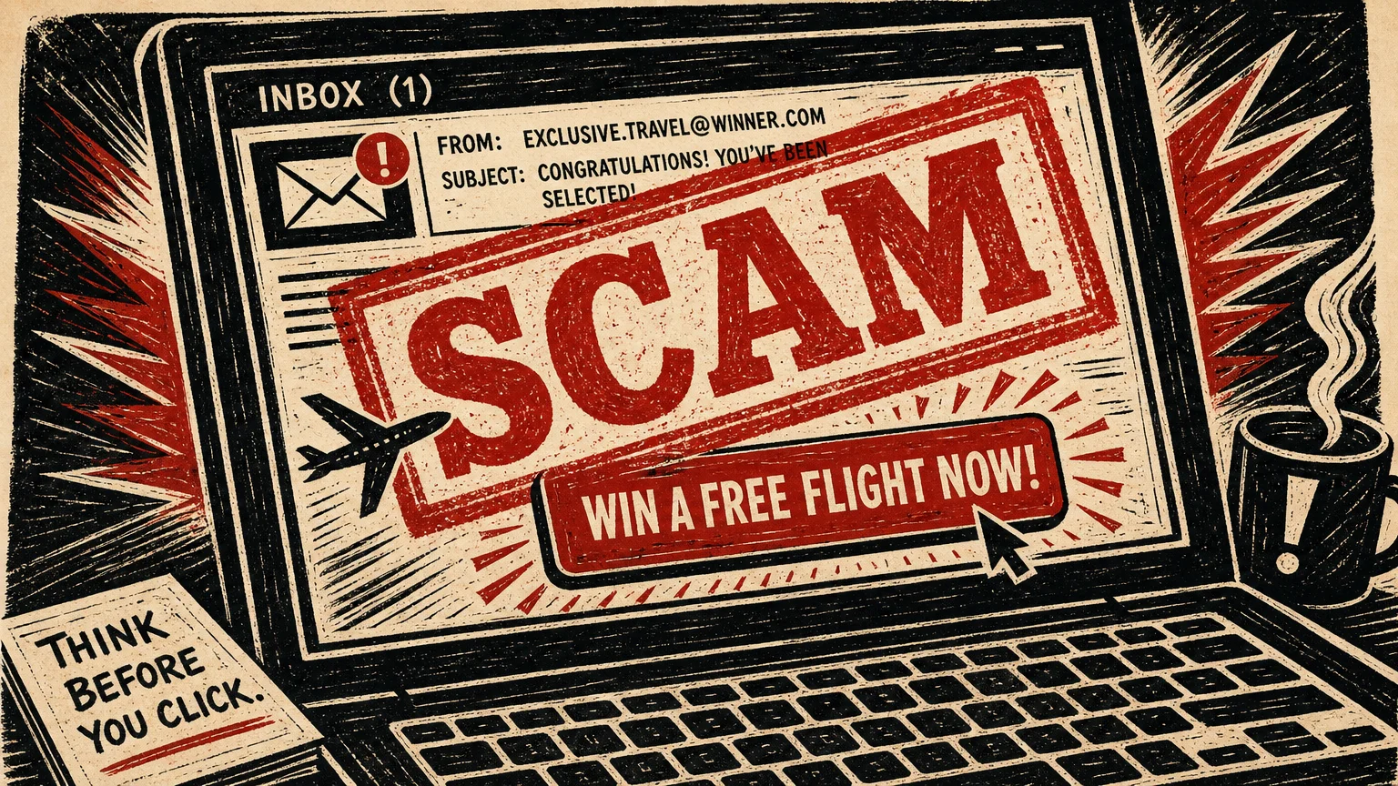 A bold woodcut illustration of a laptop screen displaying a fake free flight offer, stamped with a red warning that says 'SCAM'.