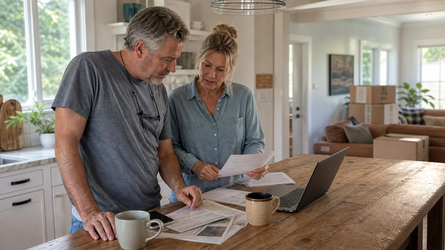 A candid home photograph of an older couple reviewing documents together in a sunlit kitchen with moving boxes in the background.