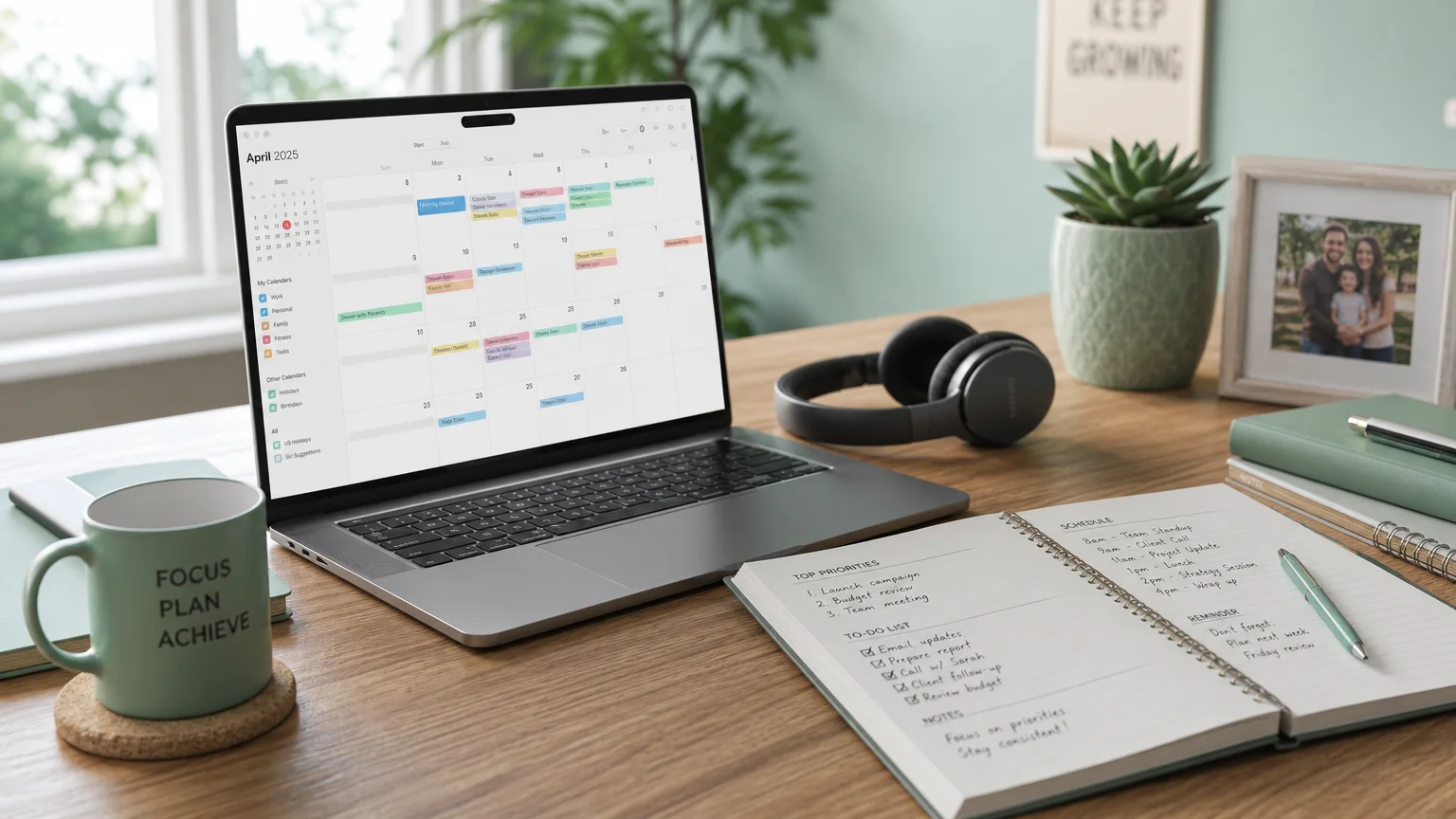 A clean home office desk with a laptop, headset, and planner, set up for a virtual assistant role.