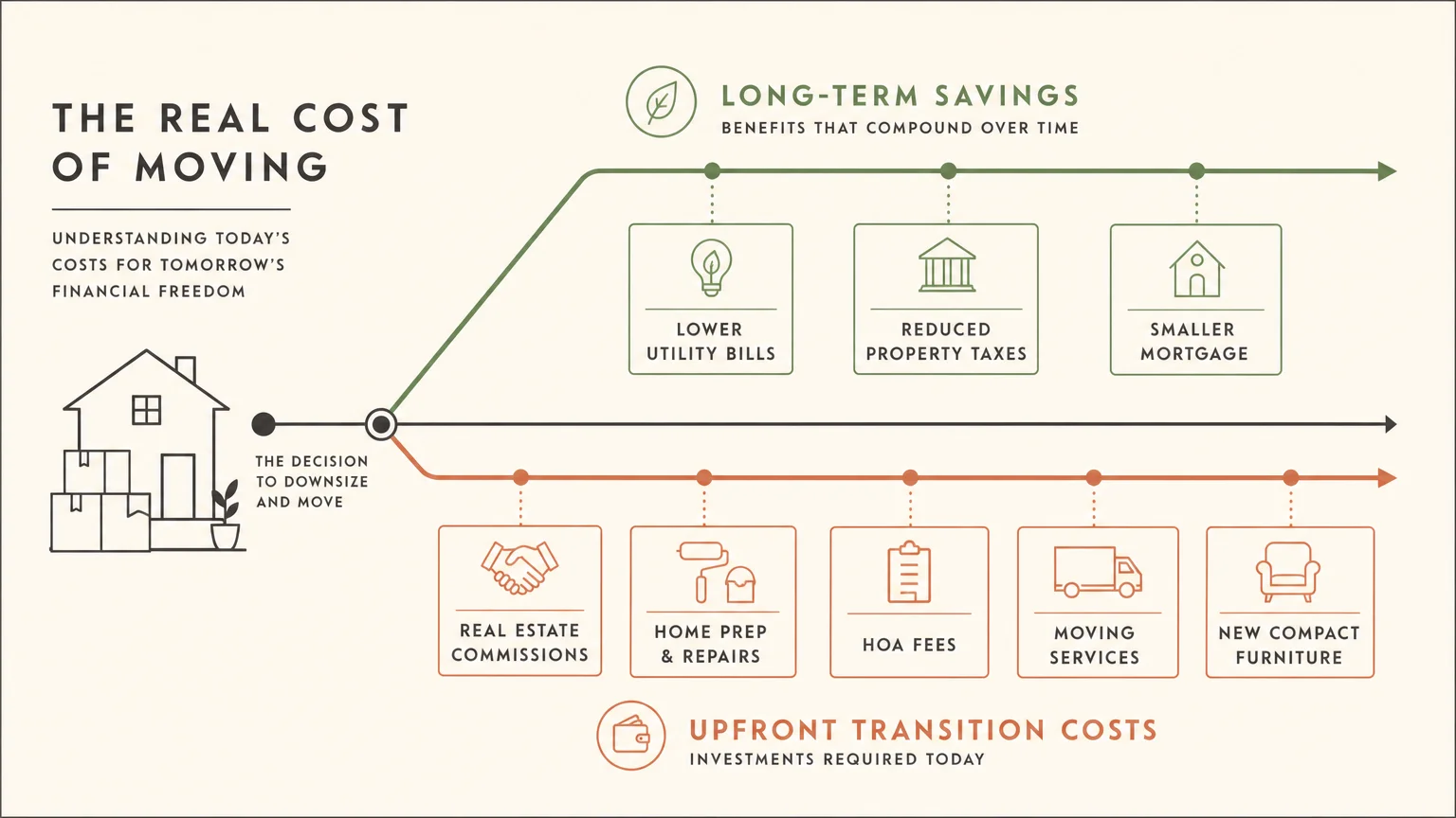 A clean horizontal diagram showing the contrast between immediate upfront moving costs and long-term housing savings.