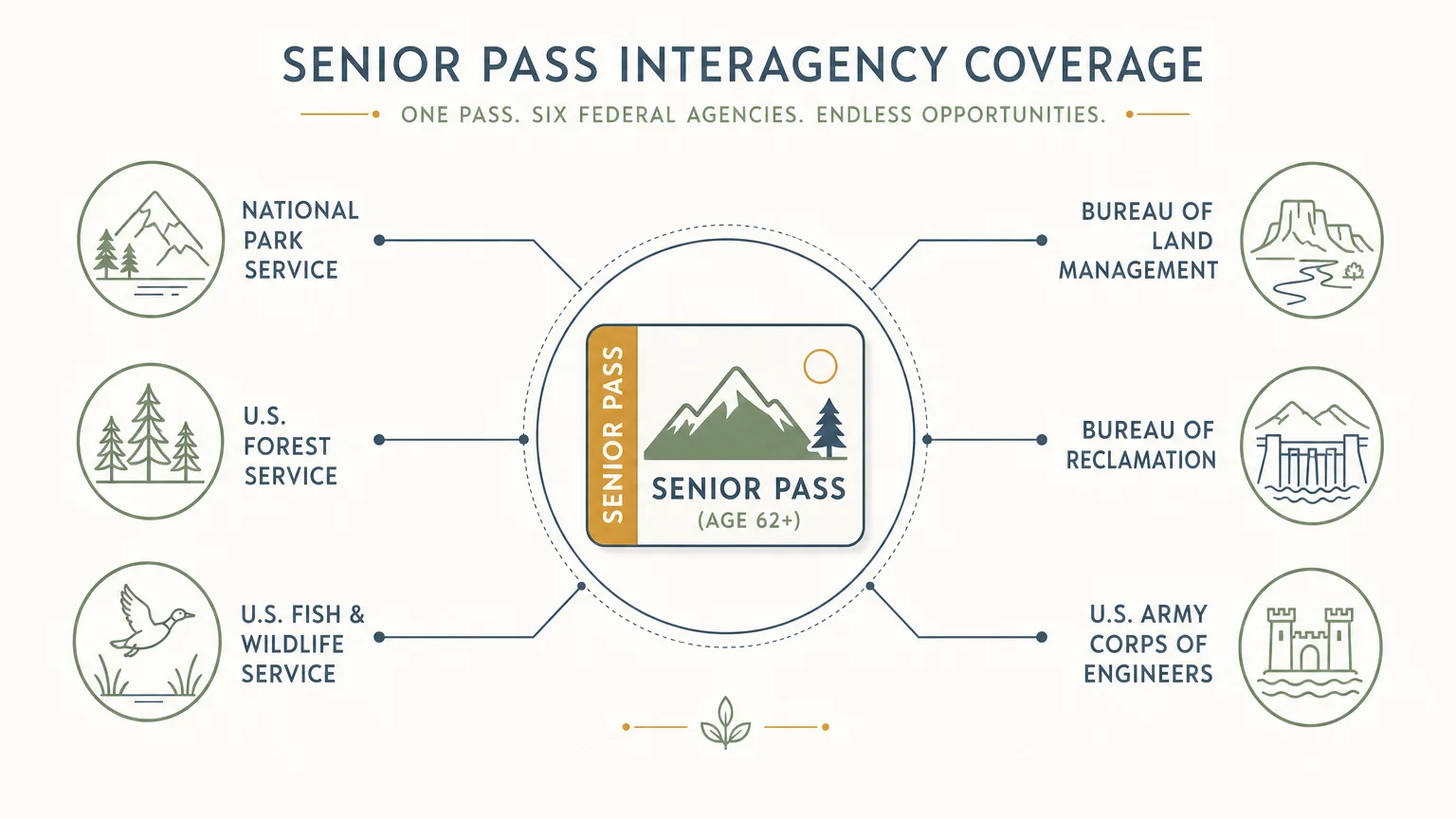 A clean, modern diagram showing the Senior Pass connected to six participating federal agencies, including the National Park Service.