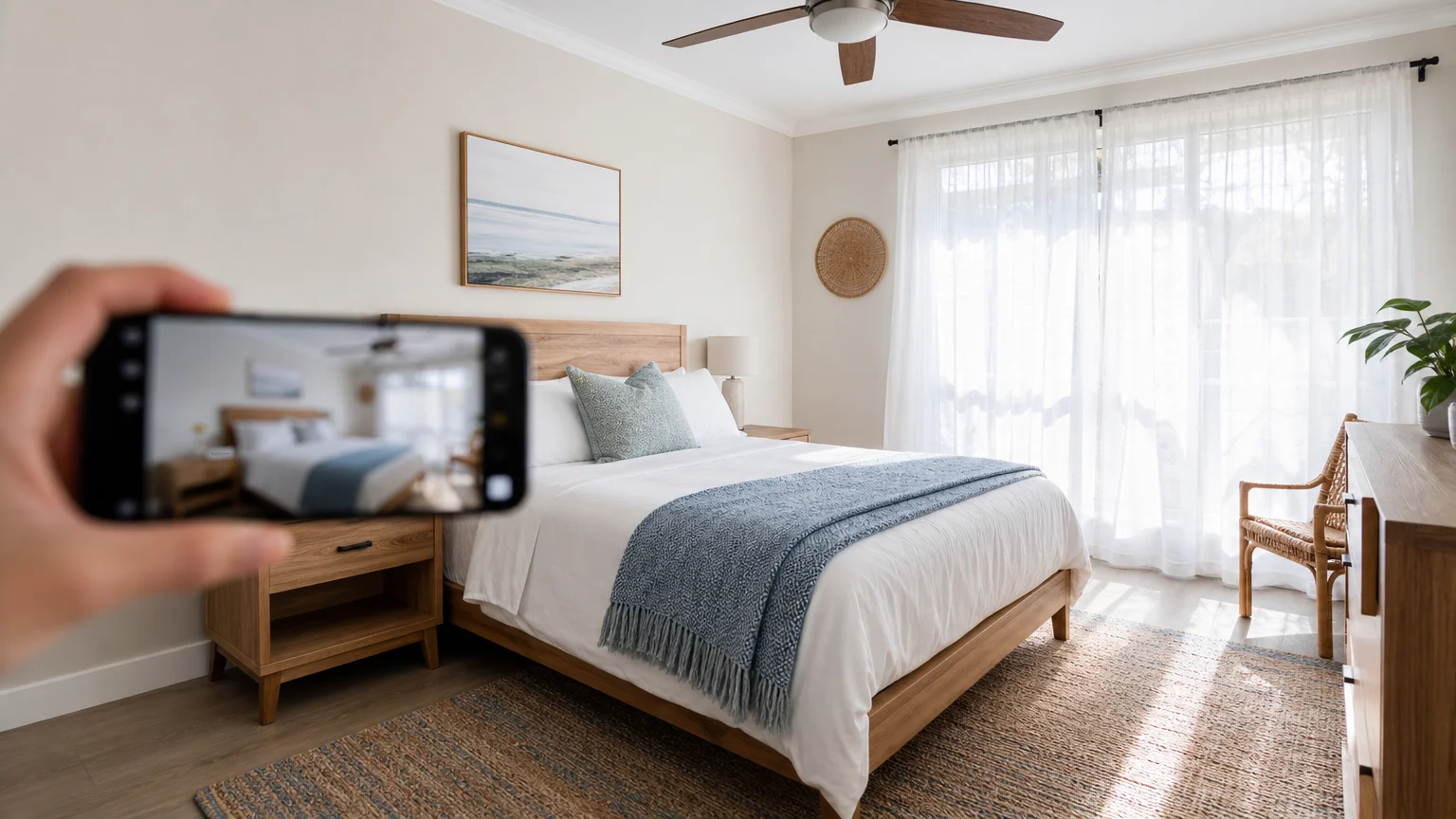 A clean, sunlit guest bedroom with white linens and a 'Welcome' card, prepared for a rental guest.