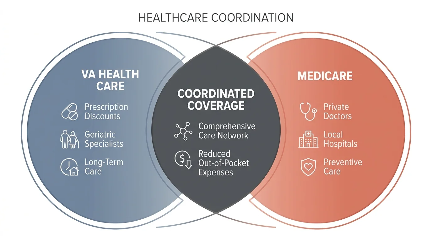 A clean Venn diagram showing how VA Health Care and Medicare overlap to provide coordinated, comprehensive coverage.