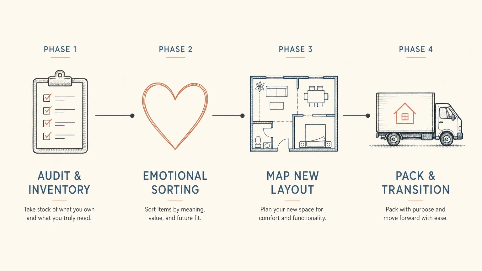 A clear horizontal roadmap diagram showing four steps of downsizing: Audit, Sorting, Mapping, and Packing.