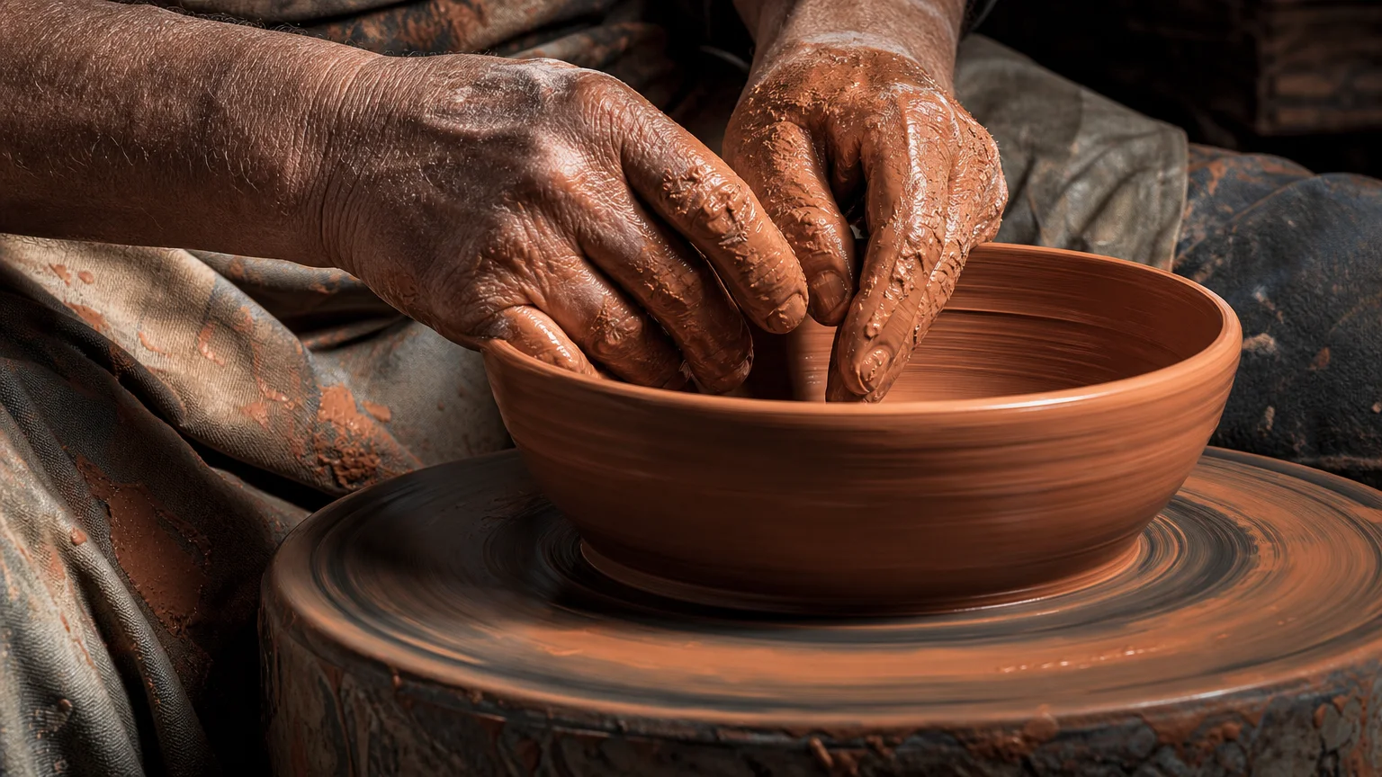 A close-up of a senior's hands covered in clay, expertly shaping a bowl on a pottery wheel.