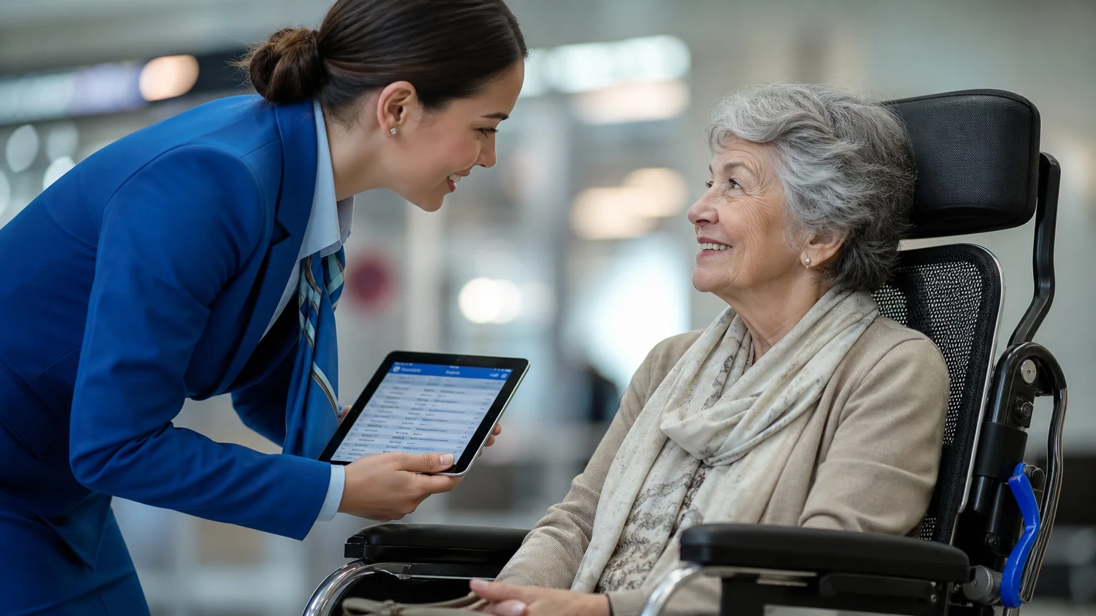 A close-up of an airport assistant kindly speaking to a senior traveler in a wheelchair.