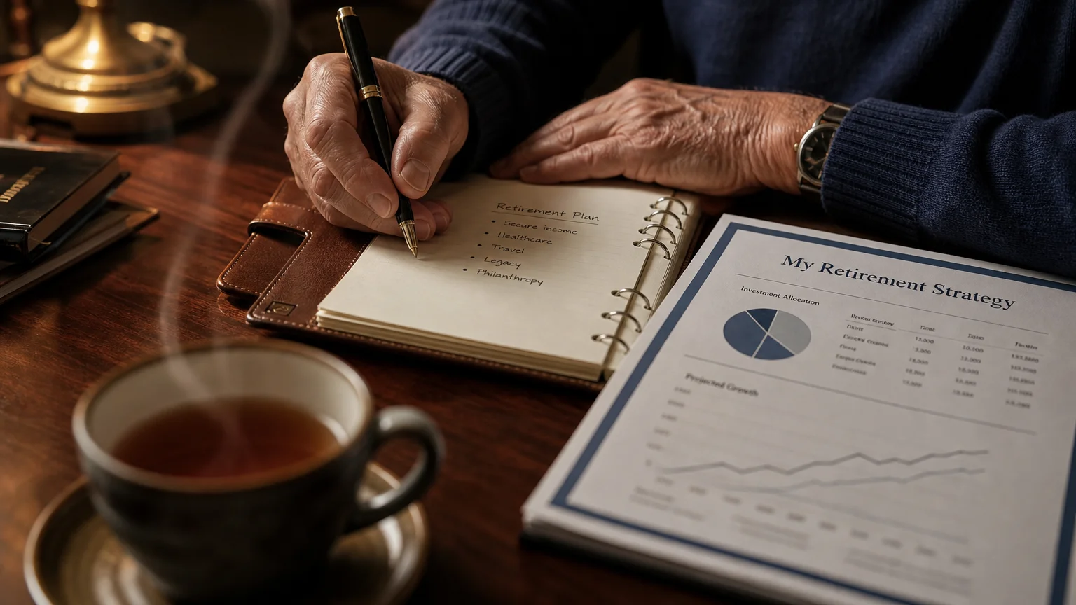 A close-up of an older adult's hands writing notes in a planner next to a document titled My Retirement Strategy.