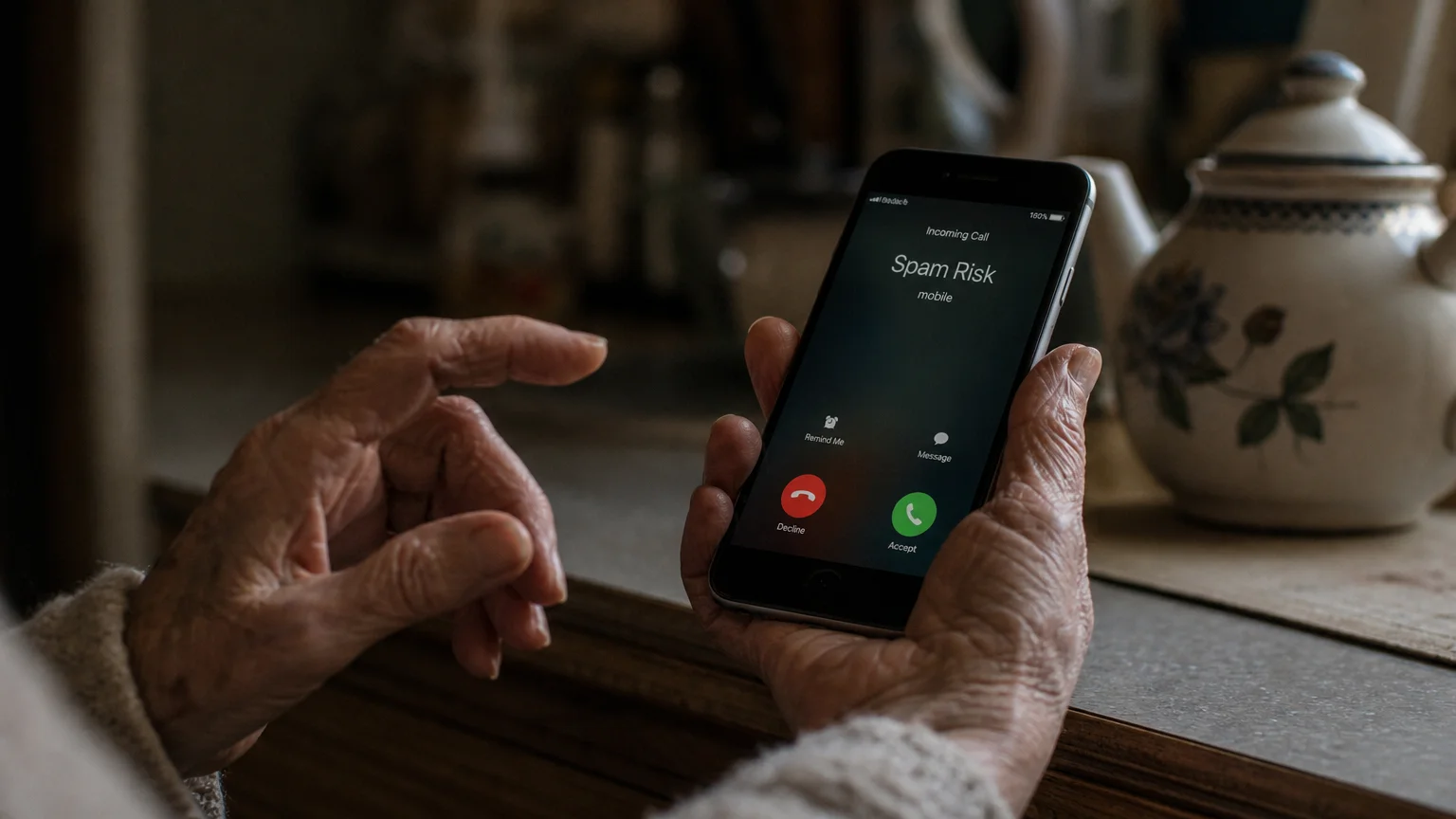A close-up of an older woman's hand holding a smartphone that displays an unknown spam caller.