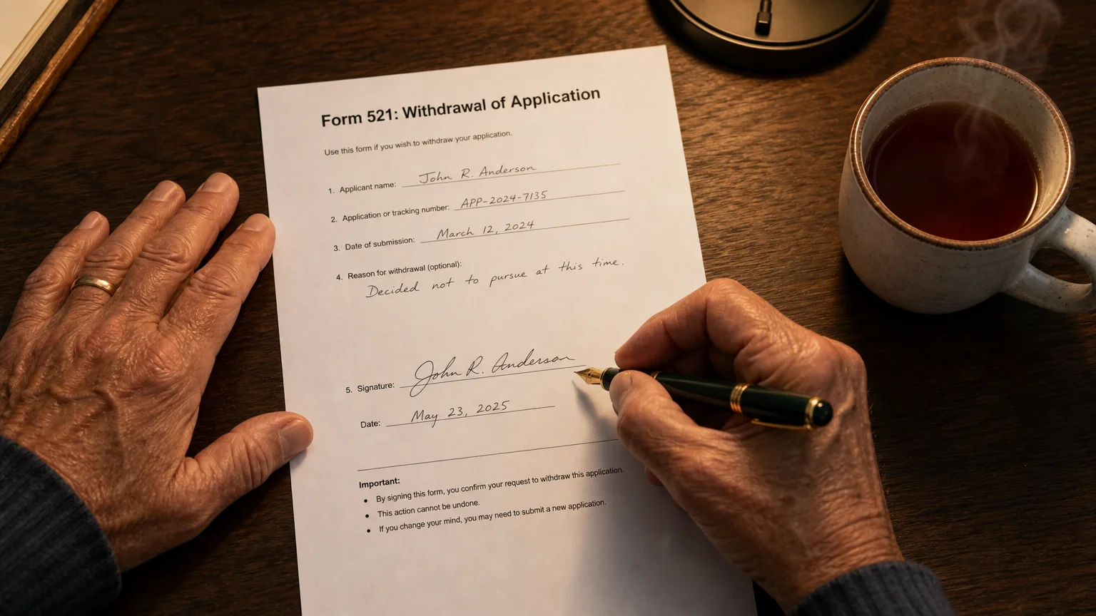 A close-up photo of hands signing a paper withdrawal form with a fountain pen on a wooden desk.
