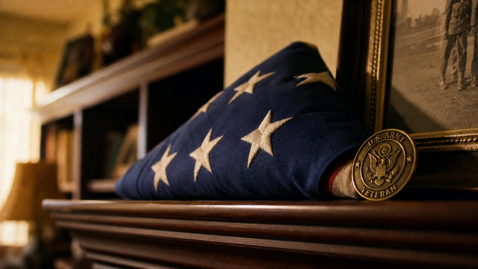 A close-up photograph of a folded American flag and a service medallion on a wooden mantel.