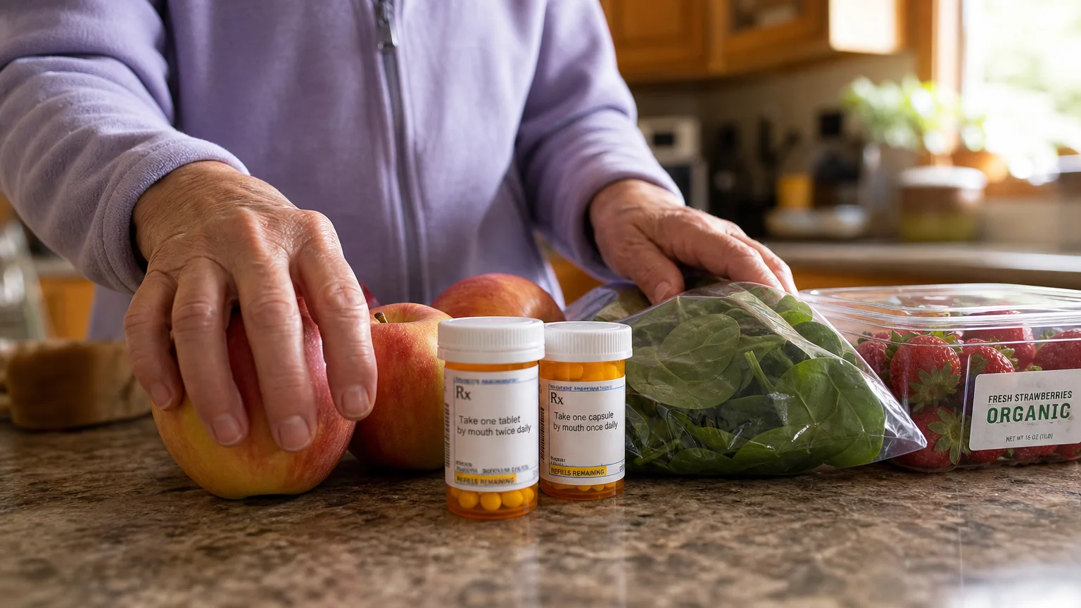 A close-up photograph of an older adult's hands placing fresh groceries next to prescription bottles on a sunlit kitchen counter.