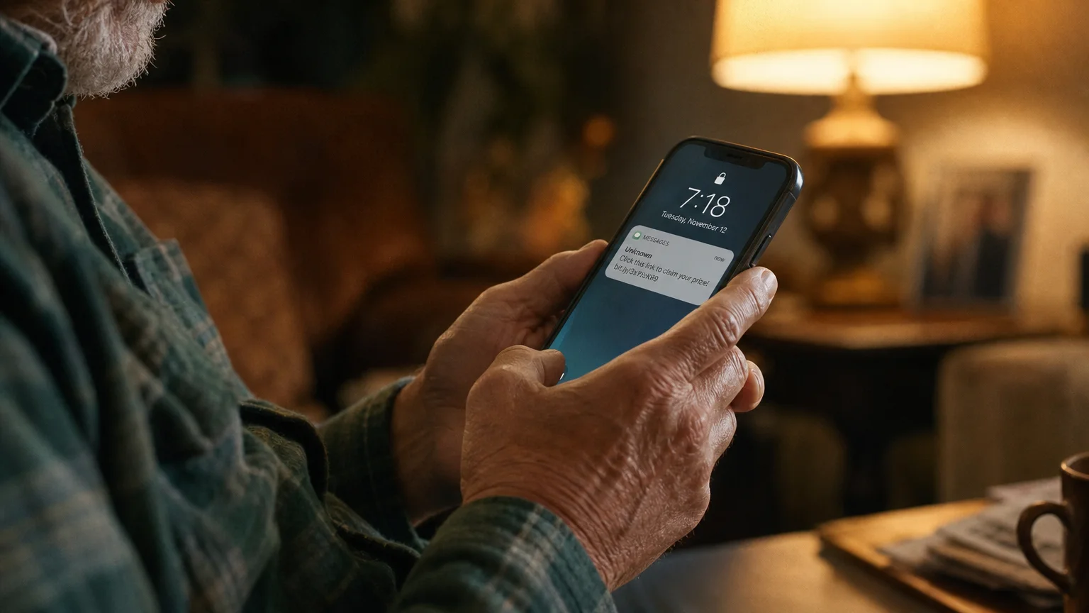 A close-up photograph of an older man's hands holding a smartphone in a warm, dimly lit living room, reviewing a text message.