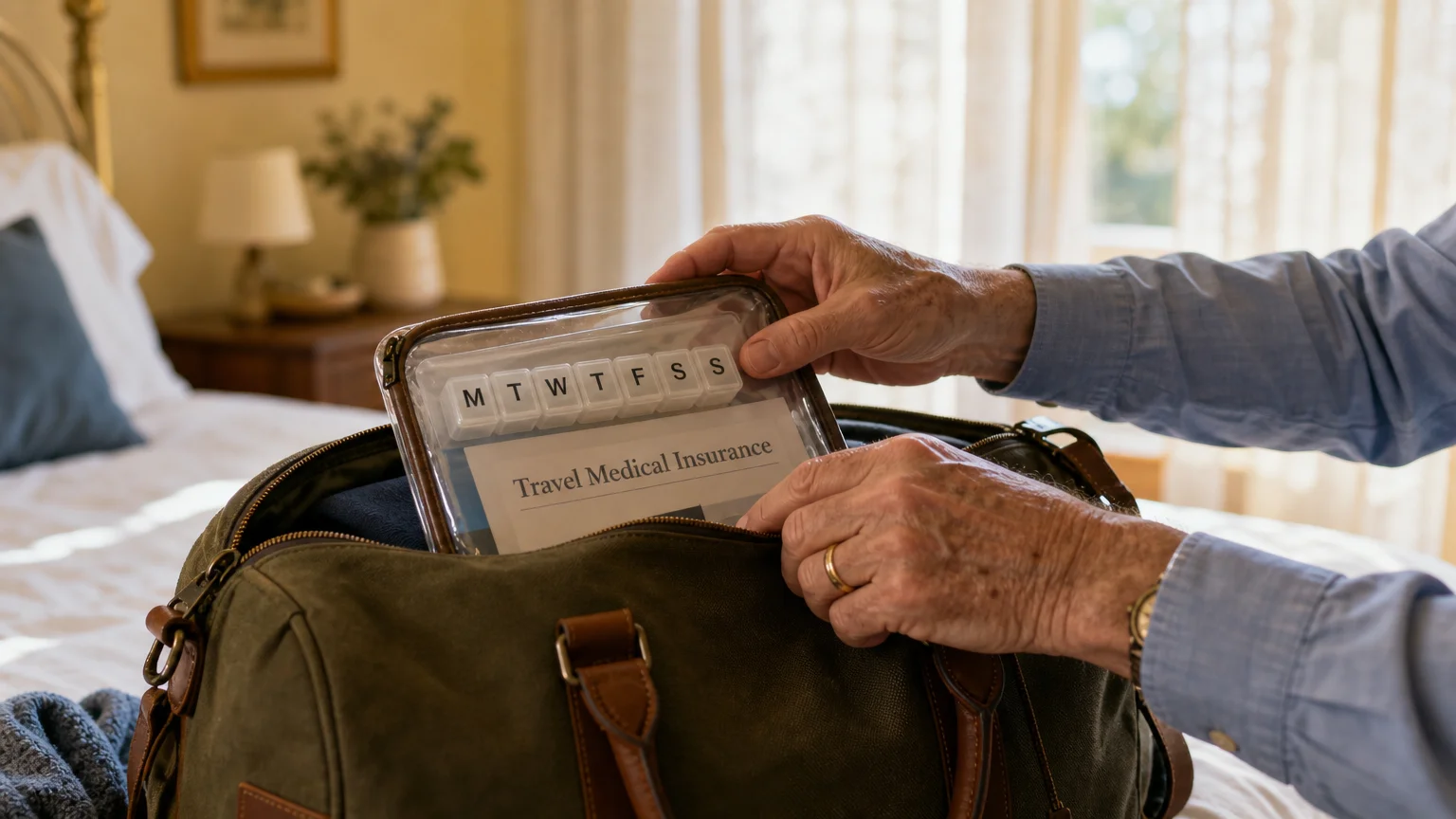 A close-up photograph of an older traveler packing a travel medical insurance card and a pill organizer into a canvas duffel bag.