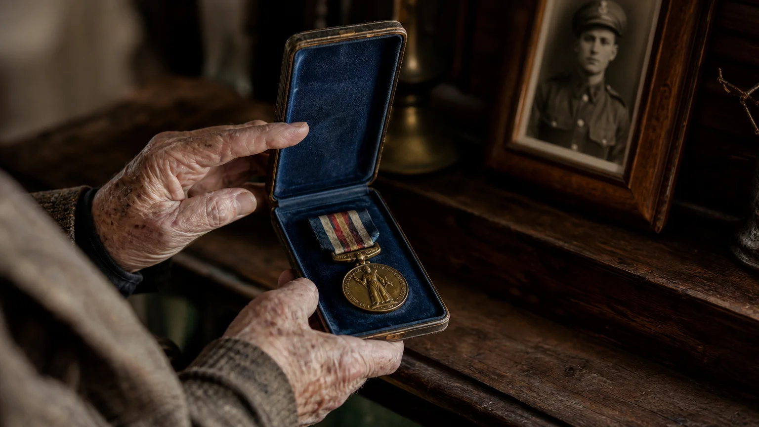 A close-up photograph of an older veteran's hands holding a brass military medal in a velvet case.