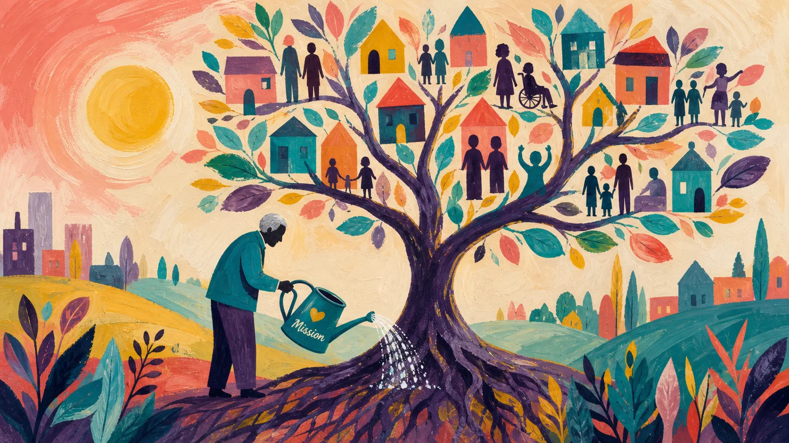 A colorful gouache painting of an older adult nurturing a community tree made of houses and people.