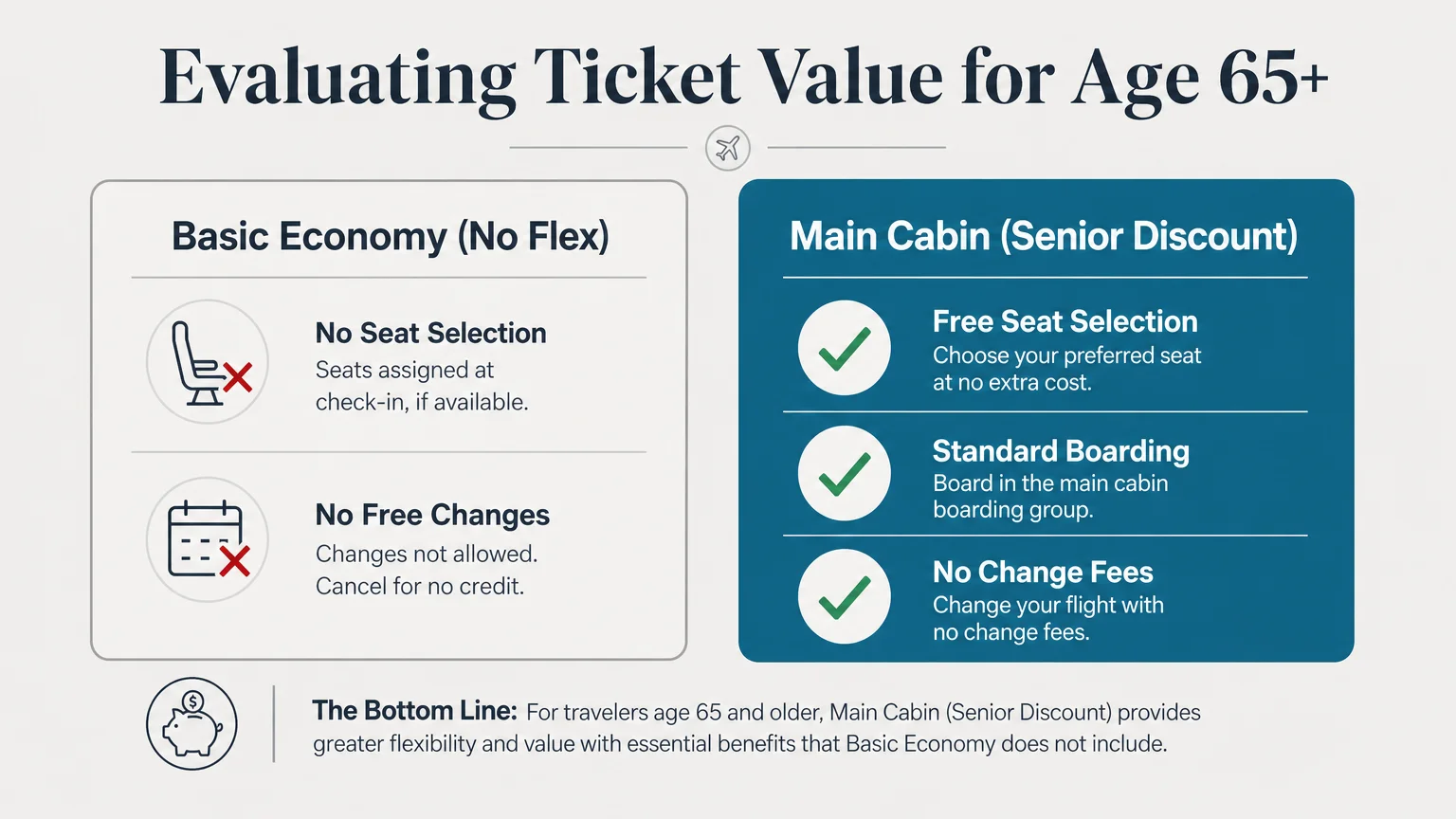 A comparative diagram showing the difference between restrictive Basic Economy and flexible Main Cabin senior tickets.