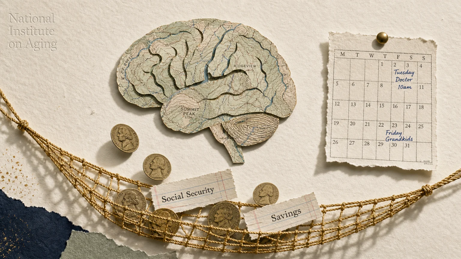A conceptual collage featuring a map-patterned brain, a golden safety net, and a calendar showing flexible schedule notes.