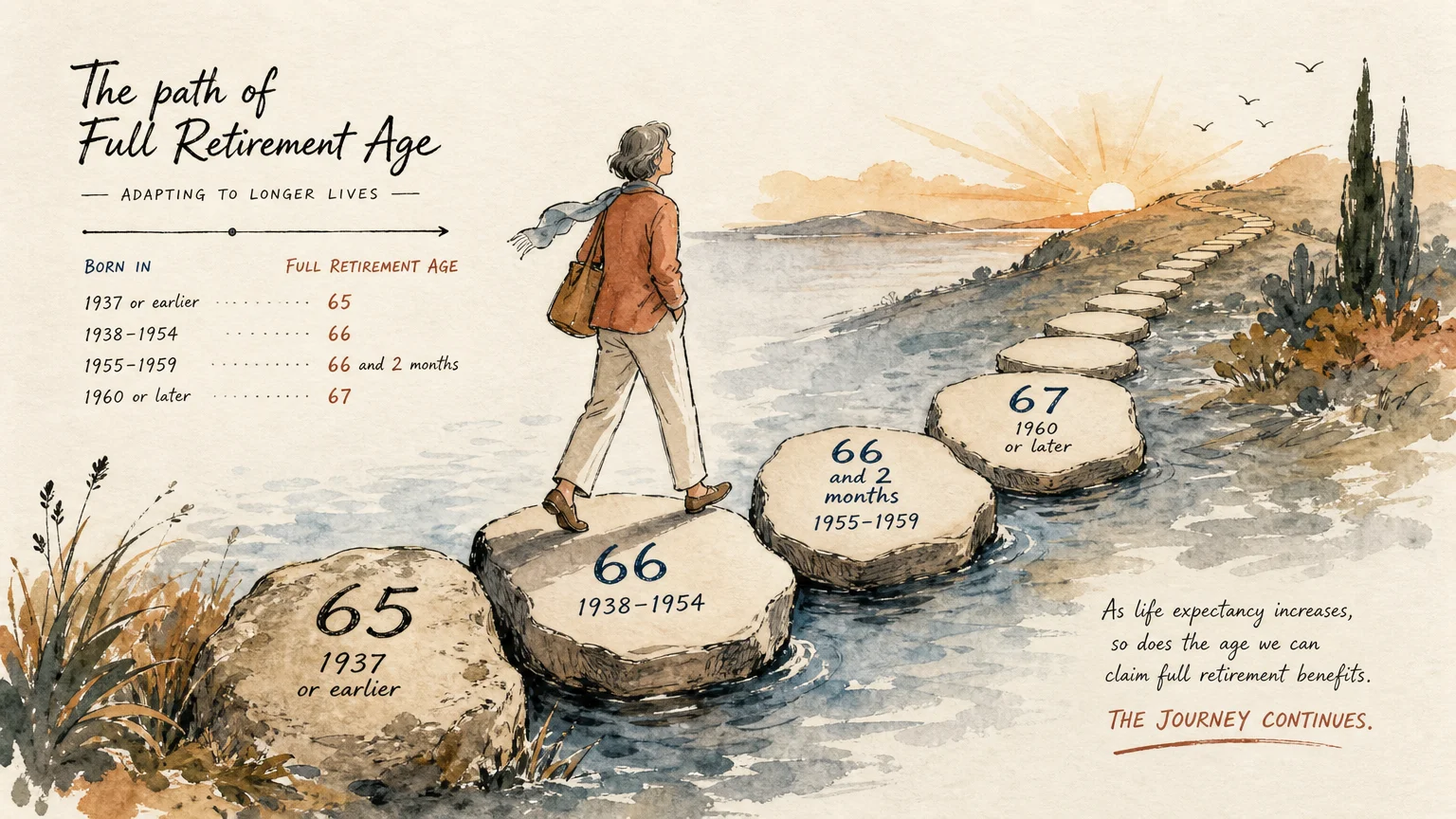 A conceptual illustration of a path of stepping stones, showing the transition from the traditional retirement age of 65 to later milestones