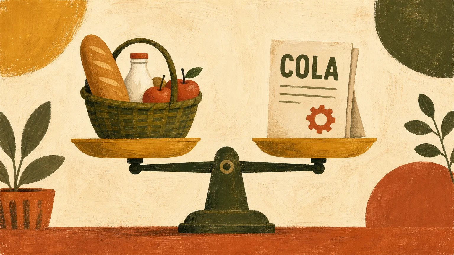 A graphic gouache illustration of a balance scale weighing a basket of groceries against a document labeled COLA.