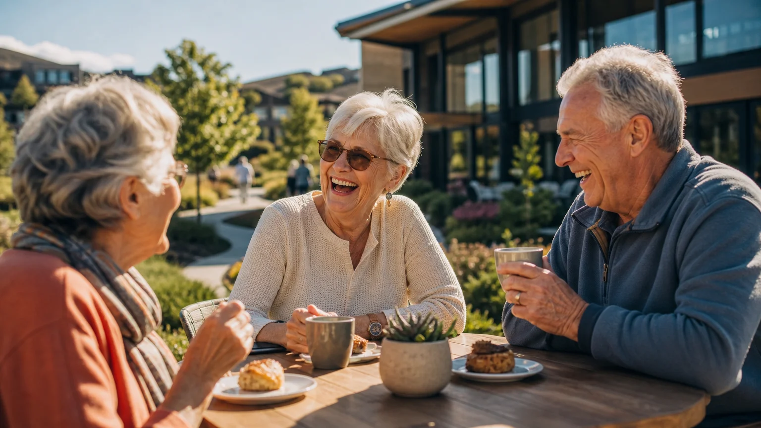 A group of active seniors laughing and drinking coffee together on a sunny outdoor terrace at a modern community.