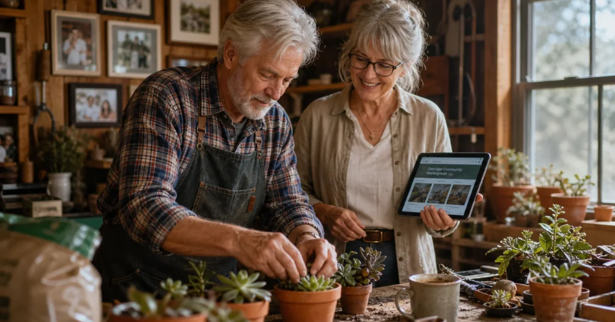 A happy retired couple working together to prepare small potted succulents for sale in their sunlit home workshop.