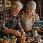 A happy retired couple working together to prepare small potted succulents for sale in their sunlit home workshop.
