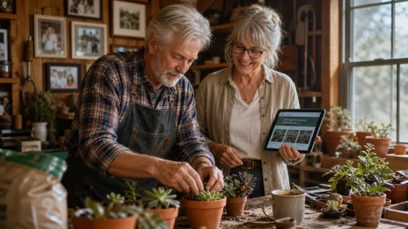 A happy retired couple working together to prepare small potted succulents for sale in their sunlit home workshop.