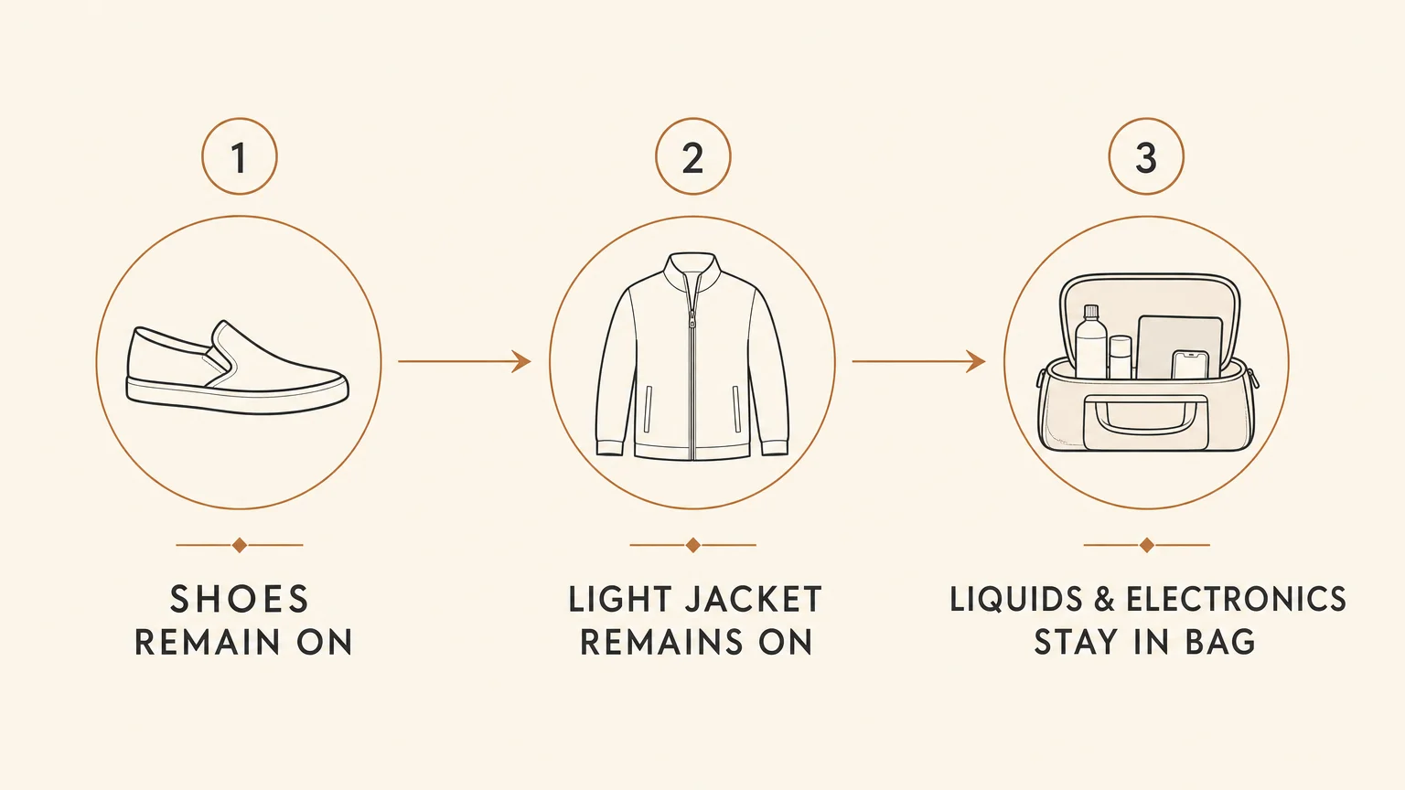 A horizontal diagram illustrating TSA guidelines for travelers age 75 and older, including keeping shoes and light jackets on.