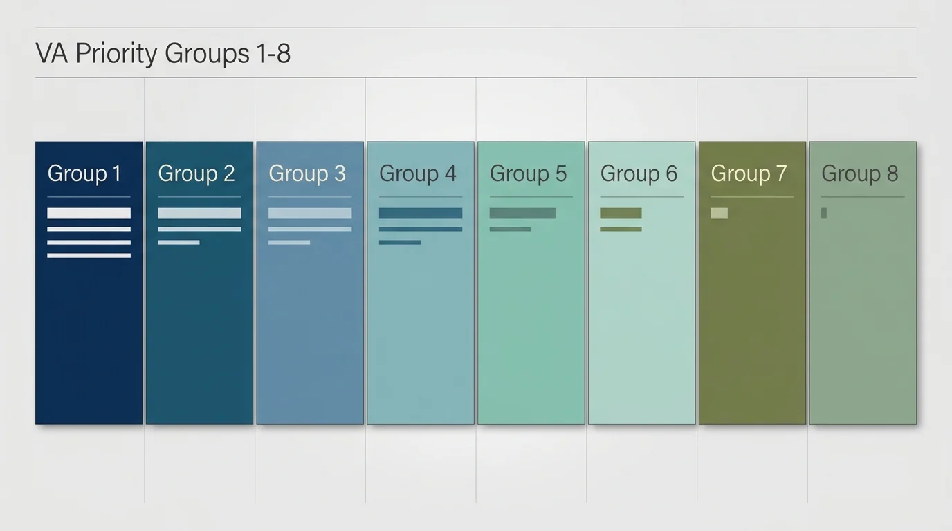 A horizontal diagram showing eight color-coded panels representing VA Priority Groups 1 through 8 from left to right.