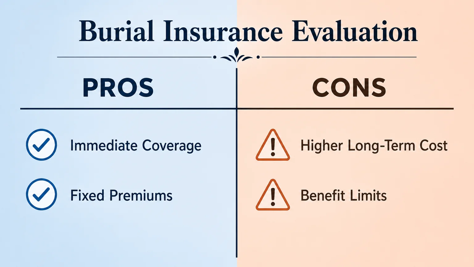 A horizontal T-chart diagram comparing the pros and cons of burial insurance policies.