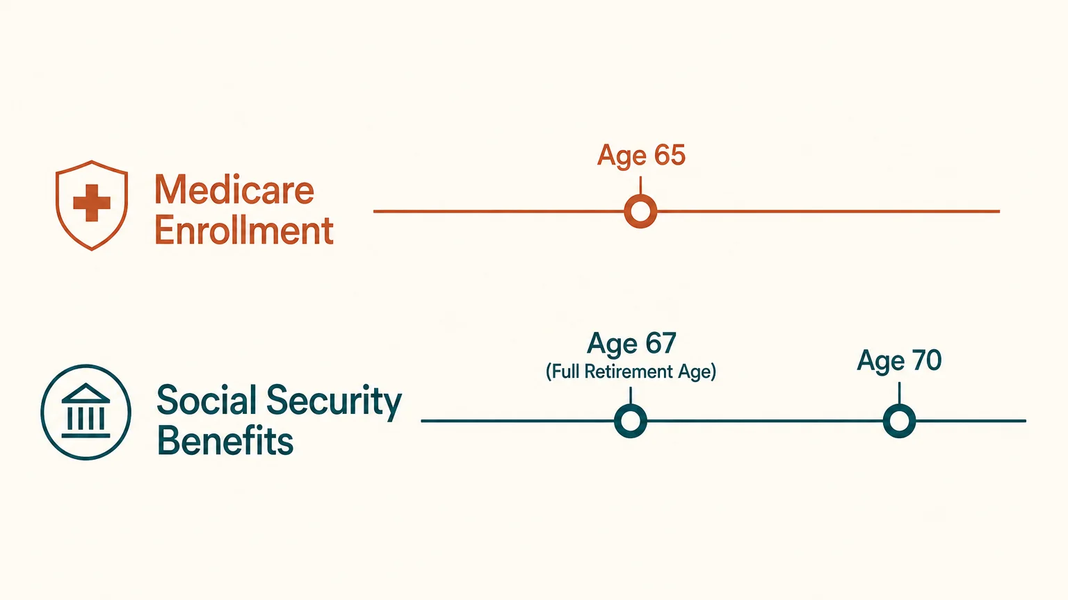 A minimalist comparison diagram showing Medicare enrollment at Age 65 and Social Security at Age 67.