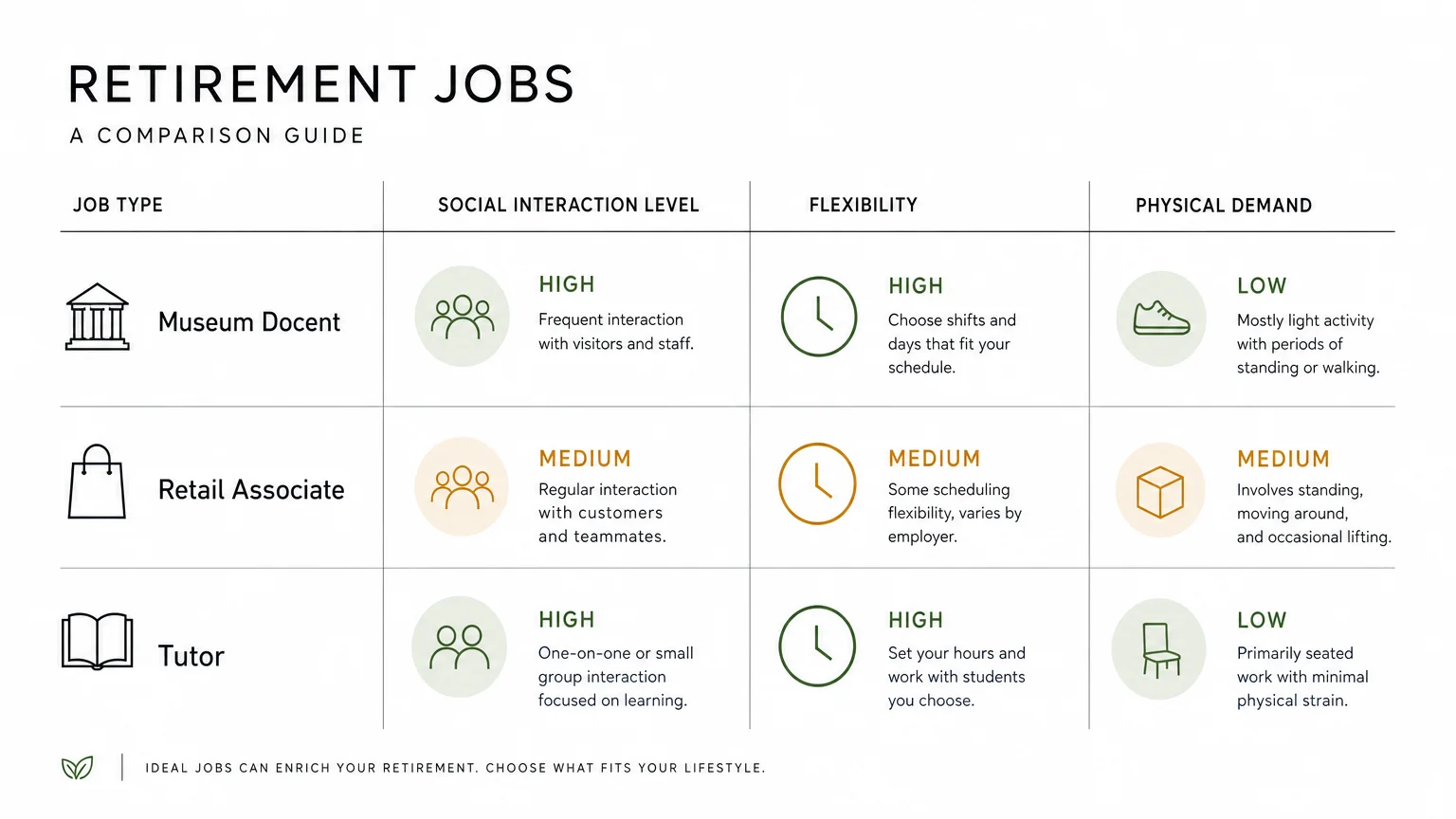 A minimalist data chart comparing museum docent, retail associate, and tutor roles by social interaction, flexibility, and physical demand.