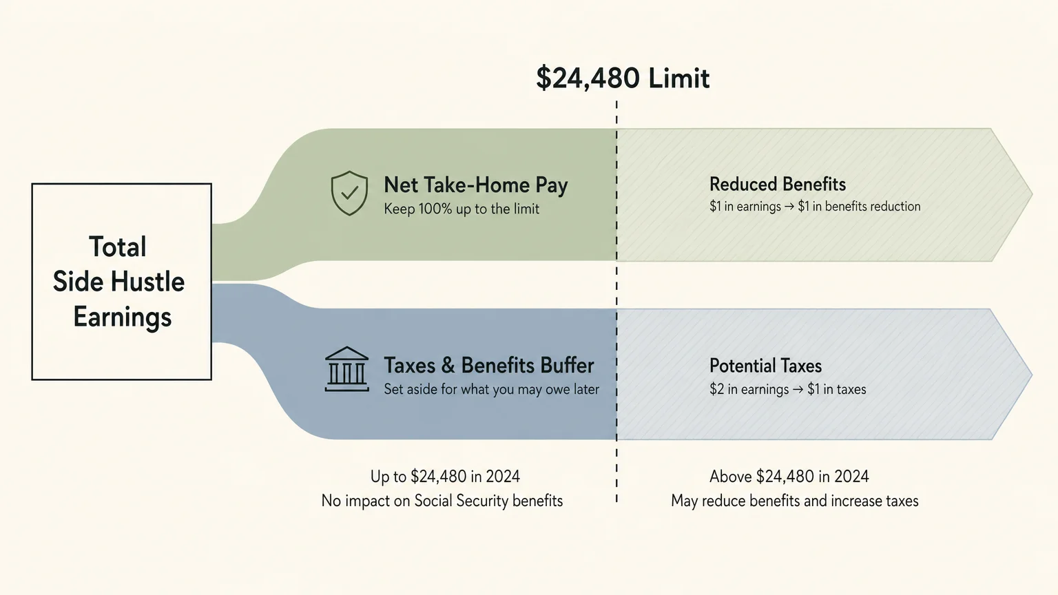 A minimalist financial flow diagram showing how retirement earnings are divided, highlighting the $24,480 limit.
