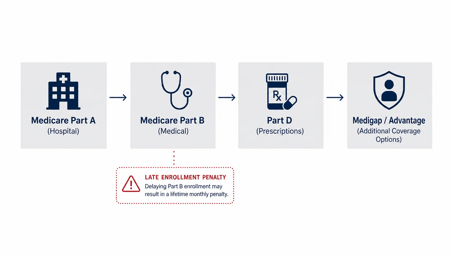 A minimalist horizontal flowchart showing Medicare enrollment paths and highlighting potential late enrollment penalty zones.