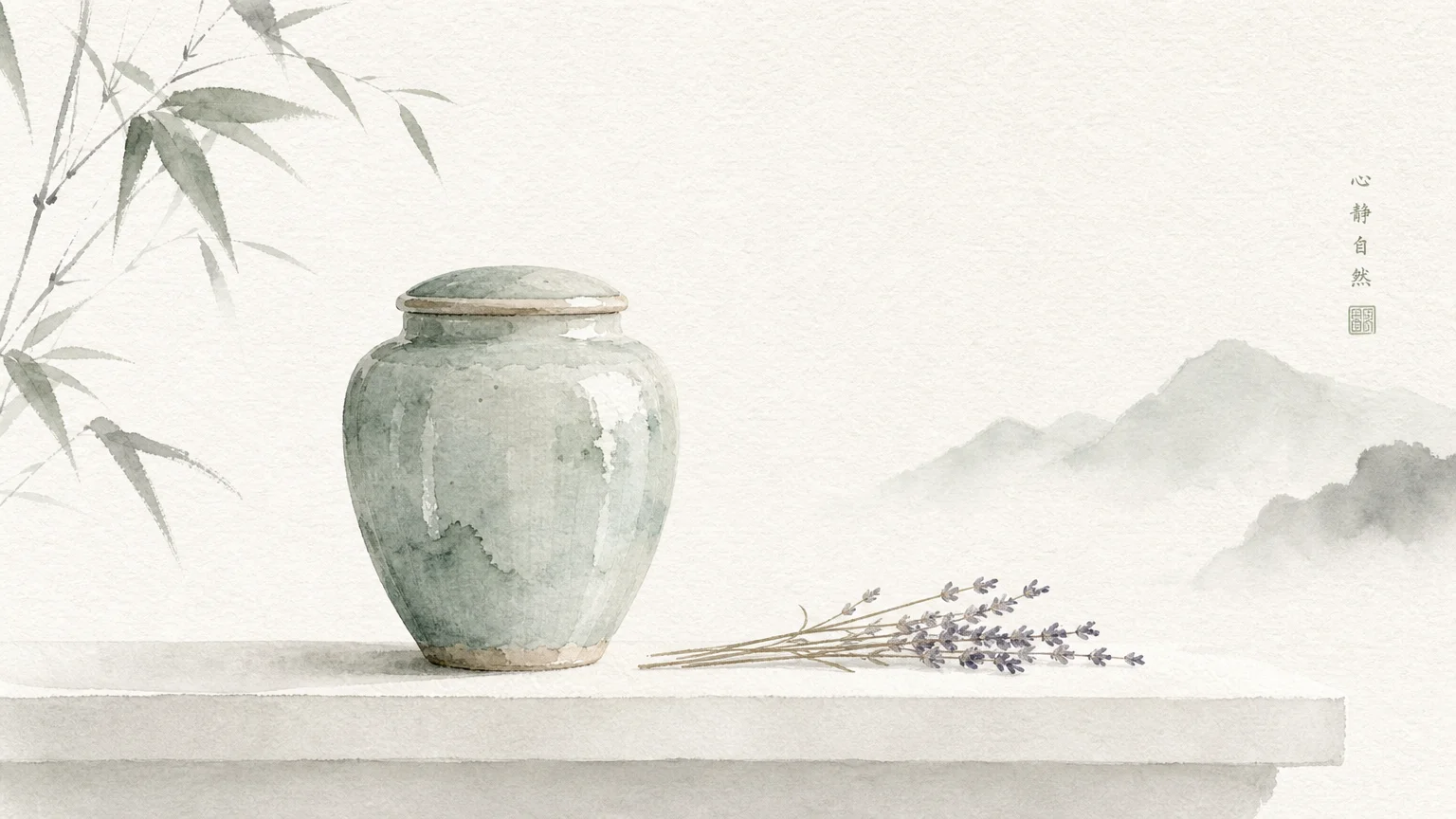A minimalist watercolor painting of a simple ceramic urn and a sprig of lavender on a white background.