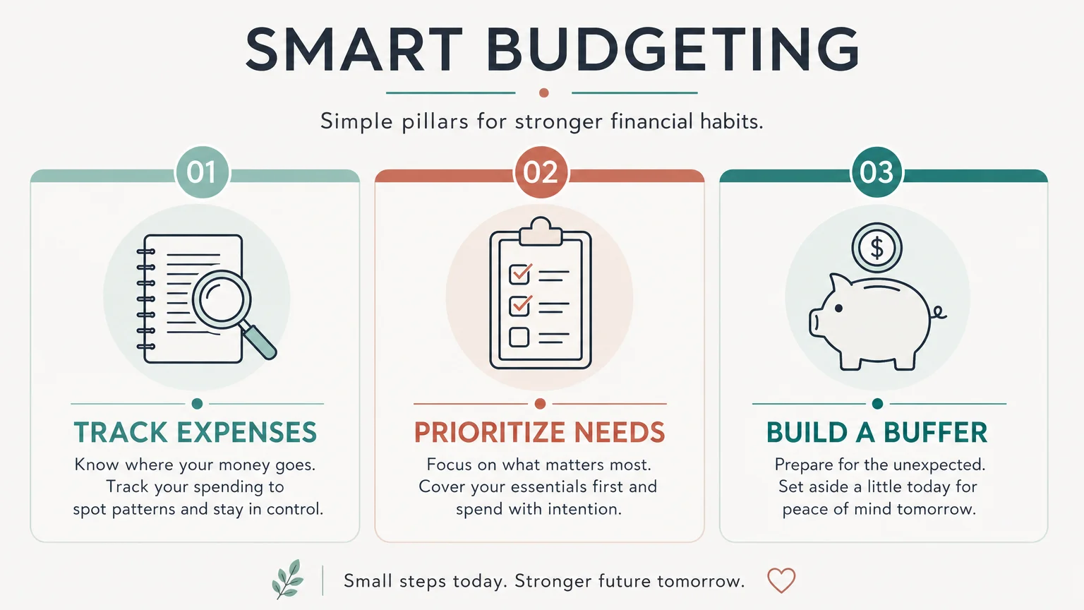 A modern horizontal infographic detailing three budgeting pillars: tracking expenses, prioritizing needs, and building a buffer.