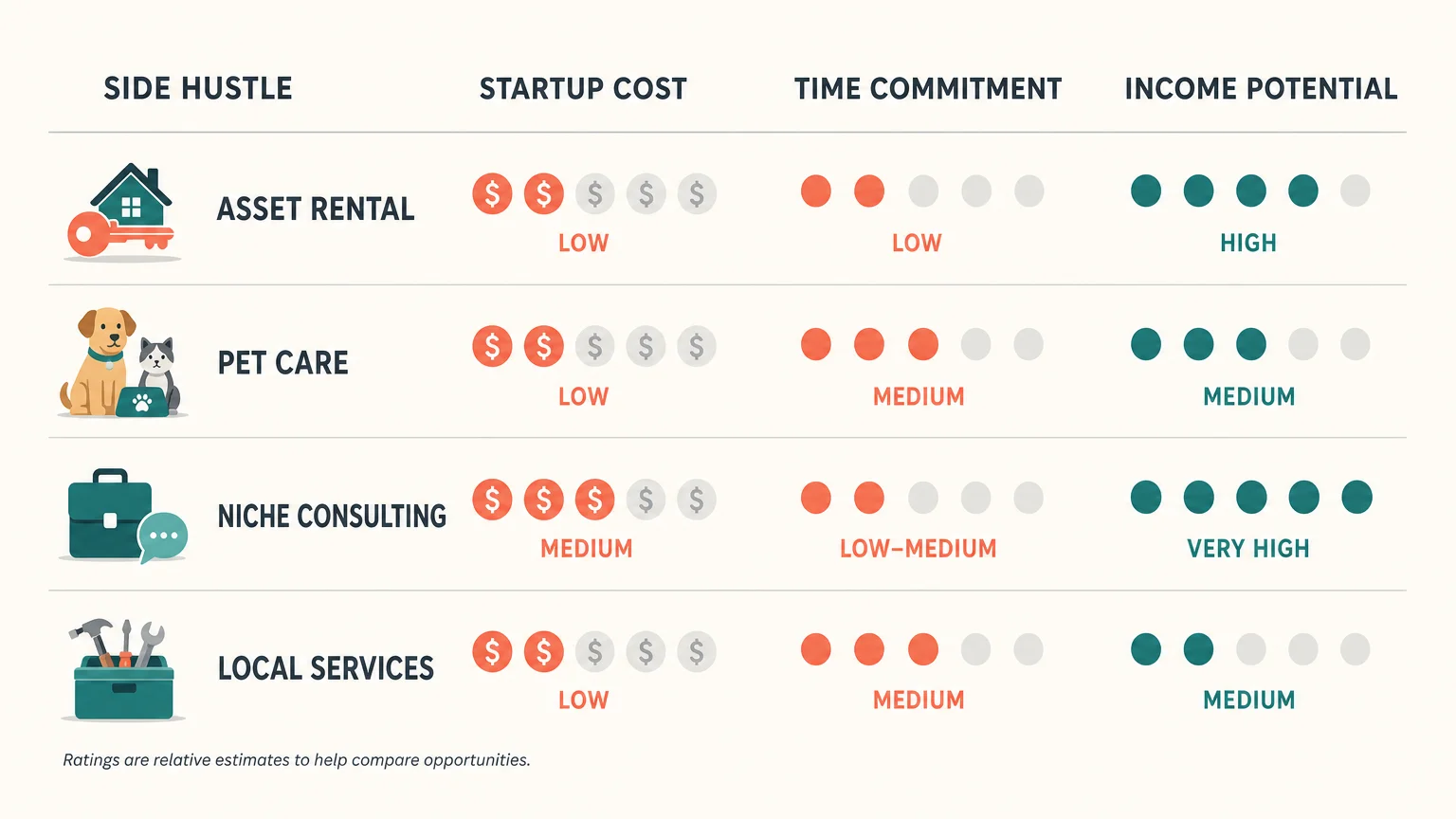 A professional horizontal comparison table analyzing costs, time commitment, and income potential for retirement side hustles.