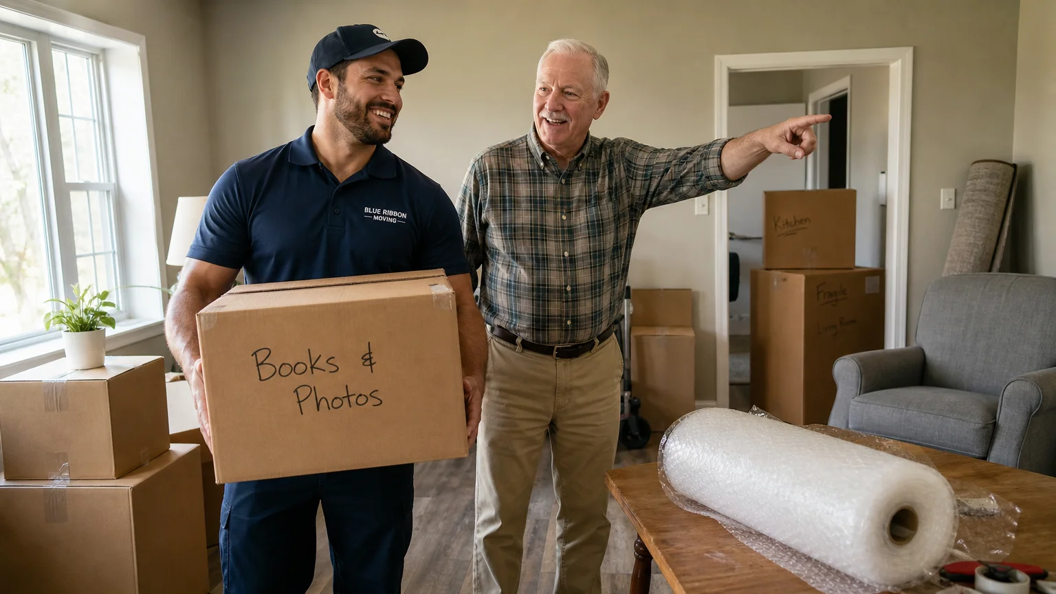 A professional mover carrying a box while smiling and talking with an older man during moving day.