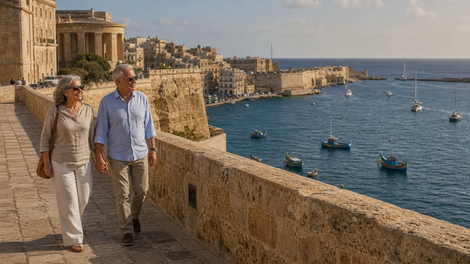A retired couple walking along the historic stone ramparts of Valletta, Malta, overlooking the deep blue Mediterranean Sea.