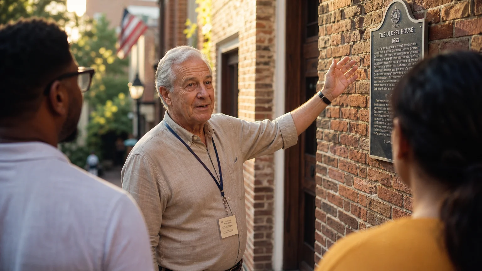 A retired man working as a tour guide gestures toward a historic brick building under warm afternoon light.