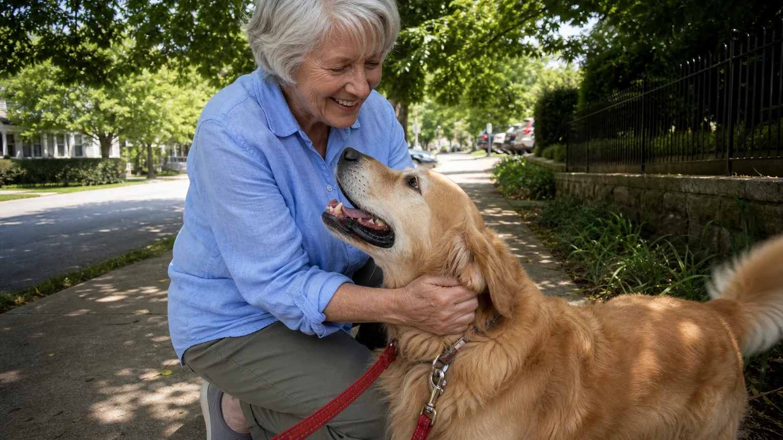 A retired woman in casual clothing happily petting a golden retriever dog on a sunlit neighborhood sidewalk.