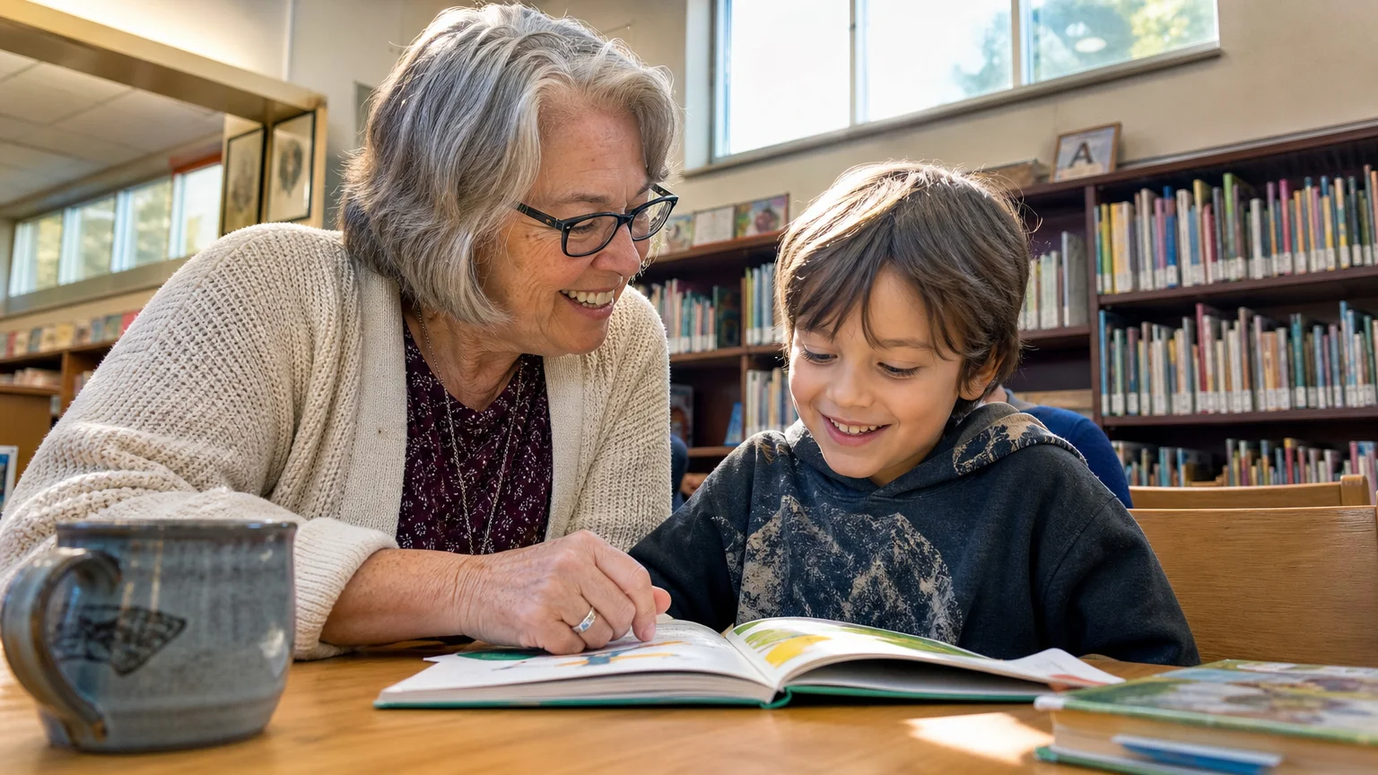 A retired woman patiently tutors a young child with a picture book at a sunlit library table.