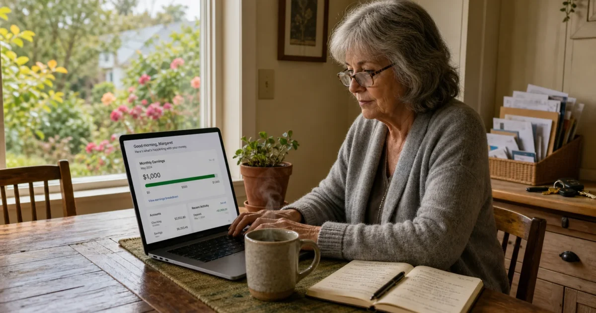 A retiree in a gray cardigan sits at her sunlit kitchen table working on a laptop with a $1,000 earnings balance visible.