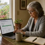 A retiree in a gray cardigan sits at her sunlit kitchen table working on a laptop with a $1,000 earnings balance visible.