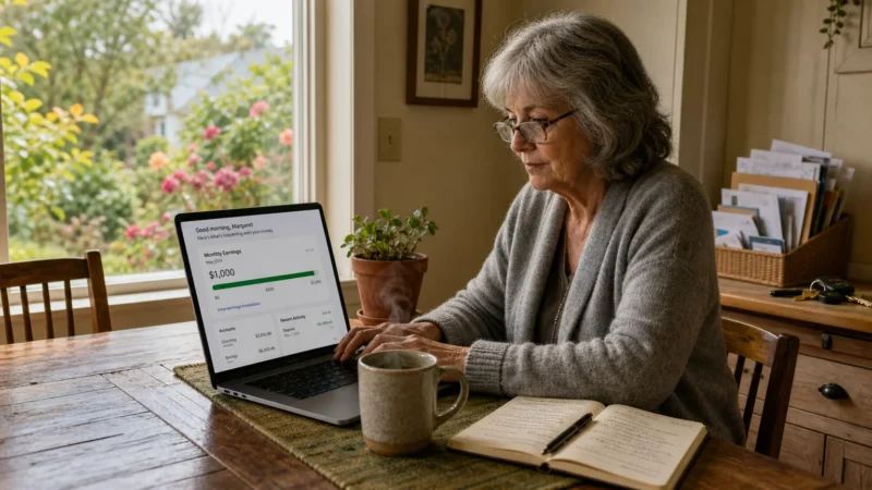 A retiree in a gray cardigan sits at her sunlit kitchen table working on a laptop with a $1,000 earnings balance visible.