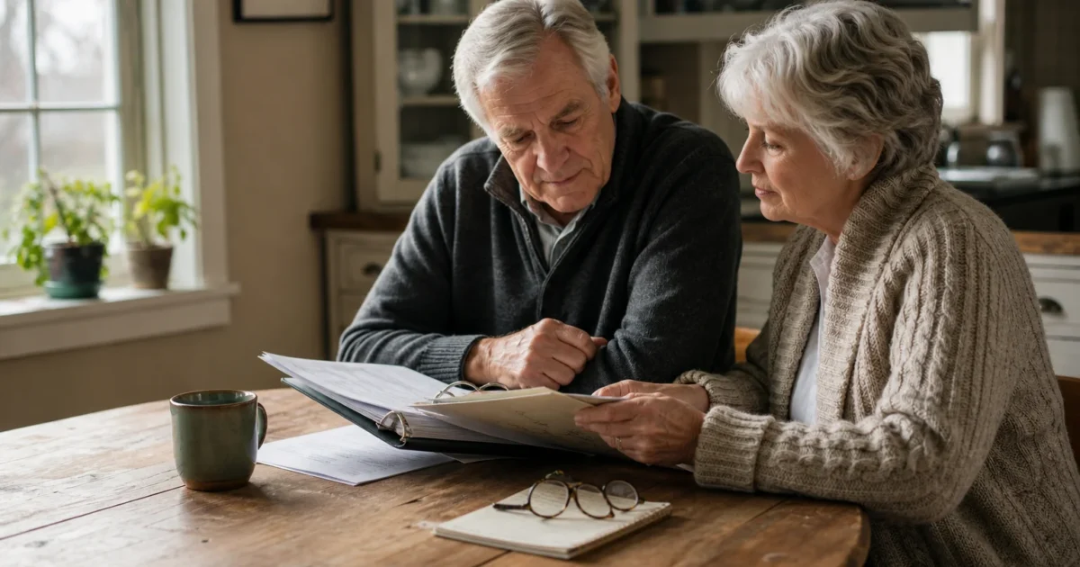 A senior couple sits at their kitchen table, calmly reviewing a planning binder together in soft morning light.