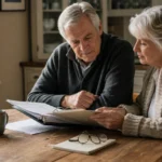 A senior couple sits at their kitchen table, calmly reviewing a planning binder together in soft morning light.